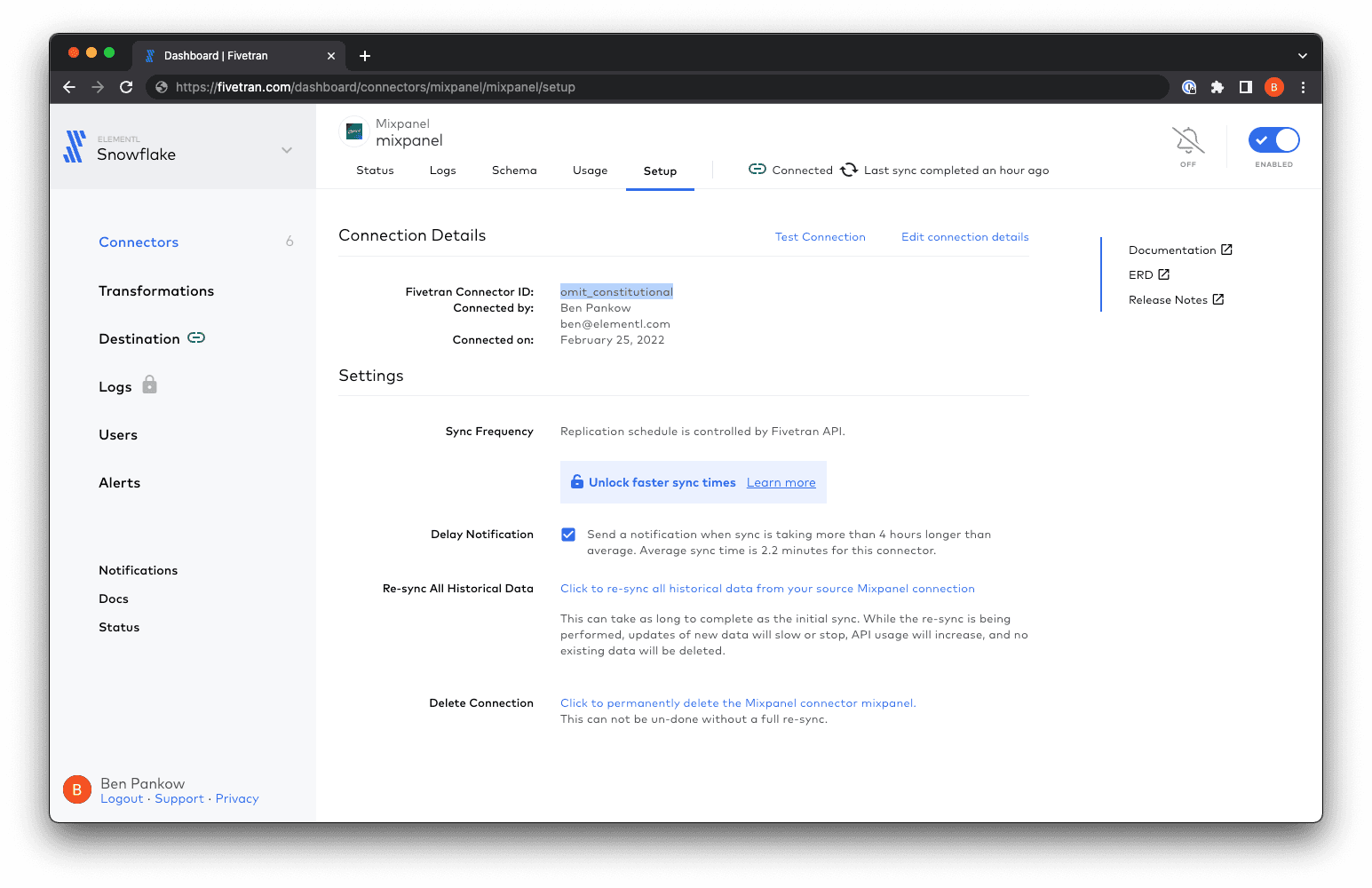 Screenshot of the Fivetran UI in a browser, showing the connector ID in the settings page.